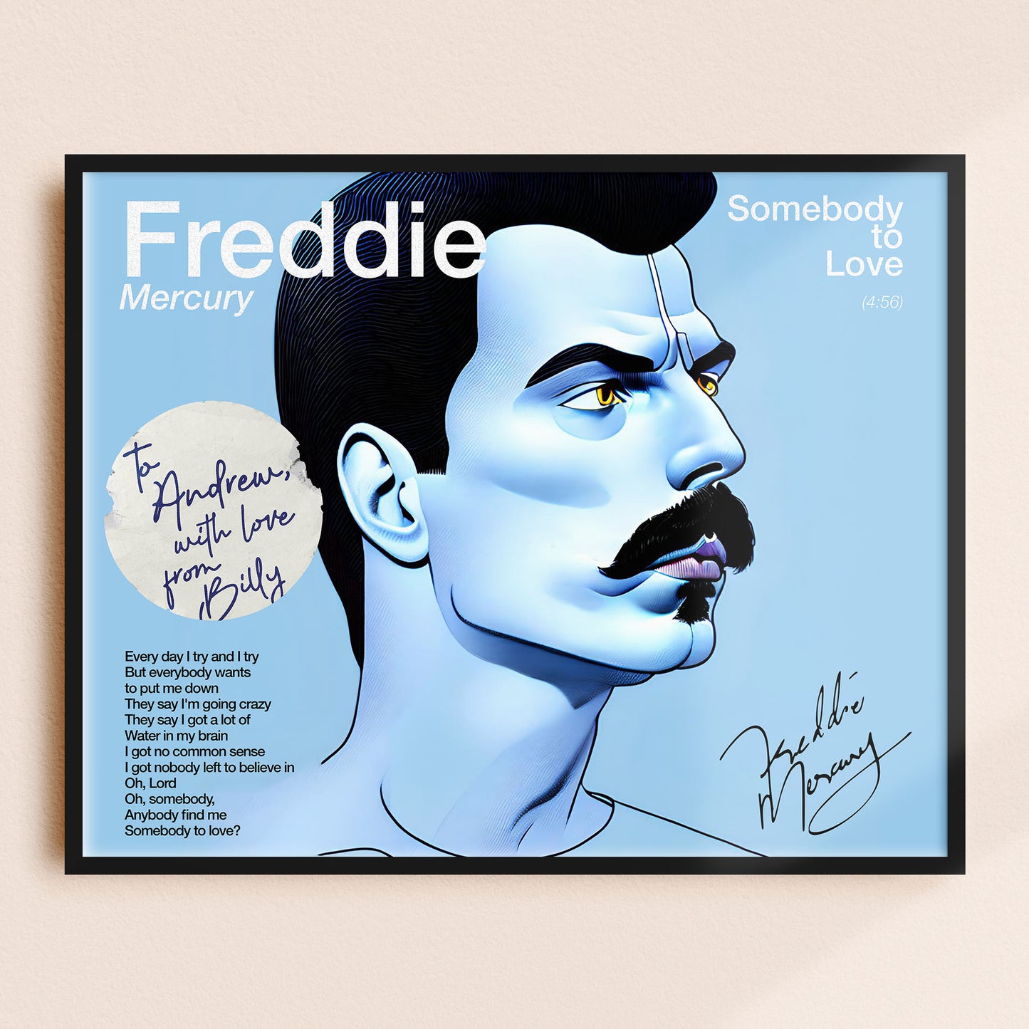 Custom Dedicated Freddie Mercury 'Somebody to Love' Song Lyrics Gift Poster